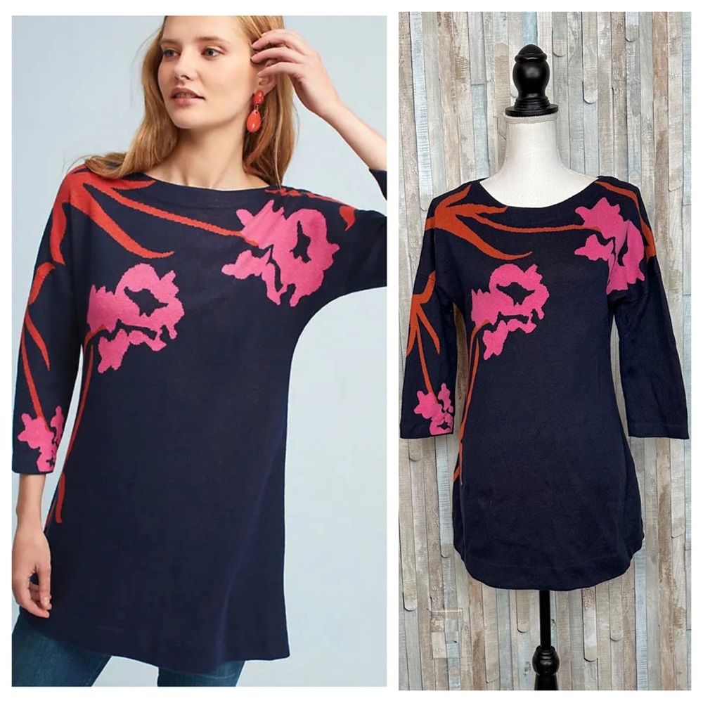 Anthropologie S Field‎ Flower Navy Megara Floral Knit Pullover Sweater Tunic Top